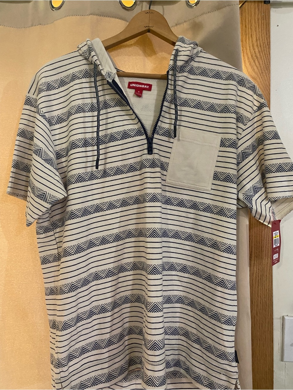 UNIONBAY Cream and Navy Striped Short-Sleeve Hooded Shirt.